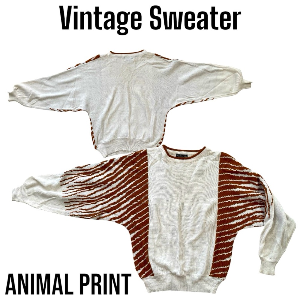 Vintage dolman sleeve animal print sweater 100% acrylic sz M  iff white & brown